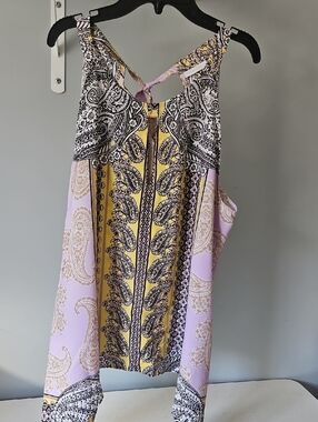 New York & Company Yellow and Lilac Paisley Print Tank Top